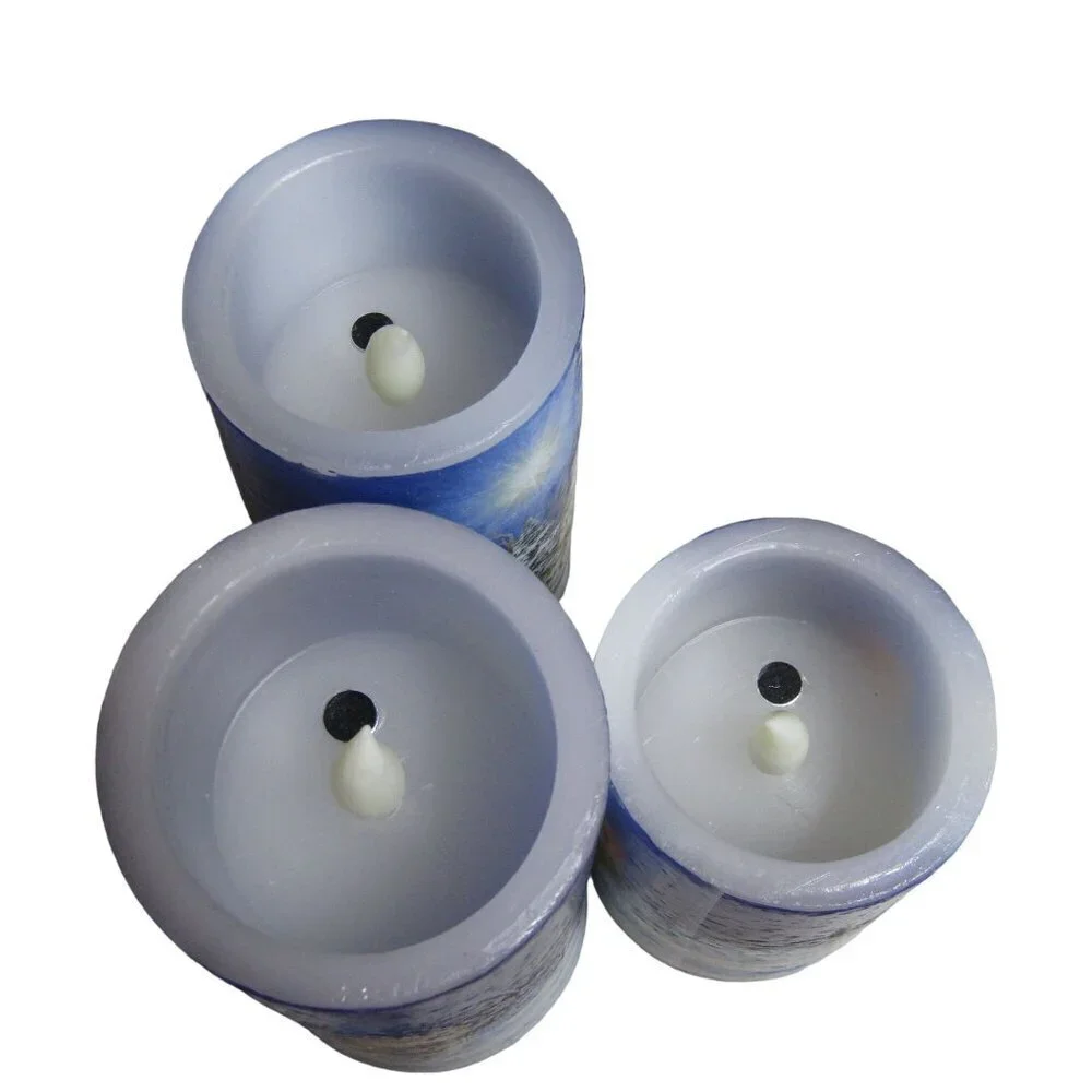 Holiday SNOWMAN NIB 3 Piece FLAMELESS LED Candle set Christmas Xmas Winter New